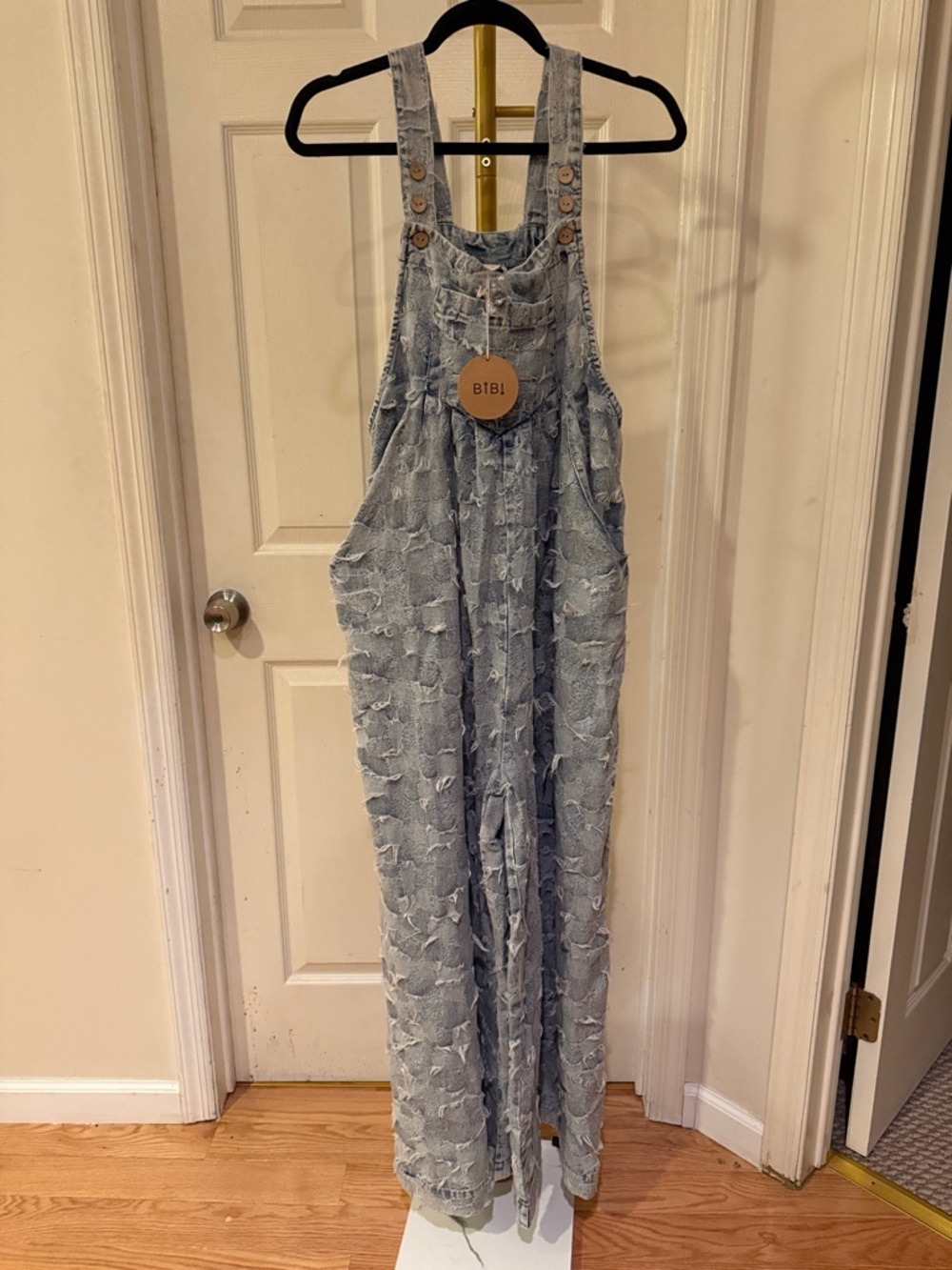 BiBi Light Blue Distressed Denim Jumpsuit Overalls thrashed grungy but prairie